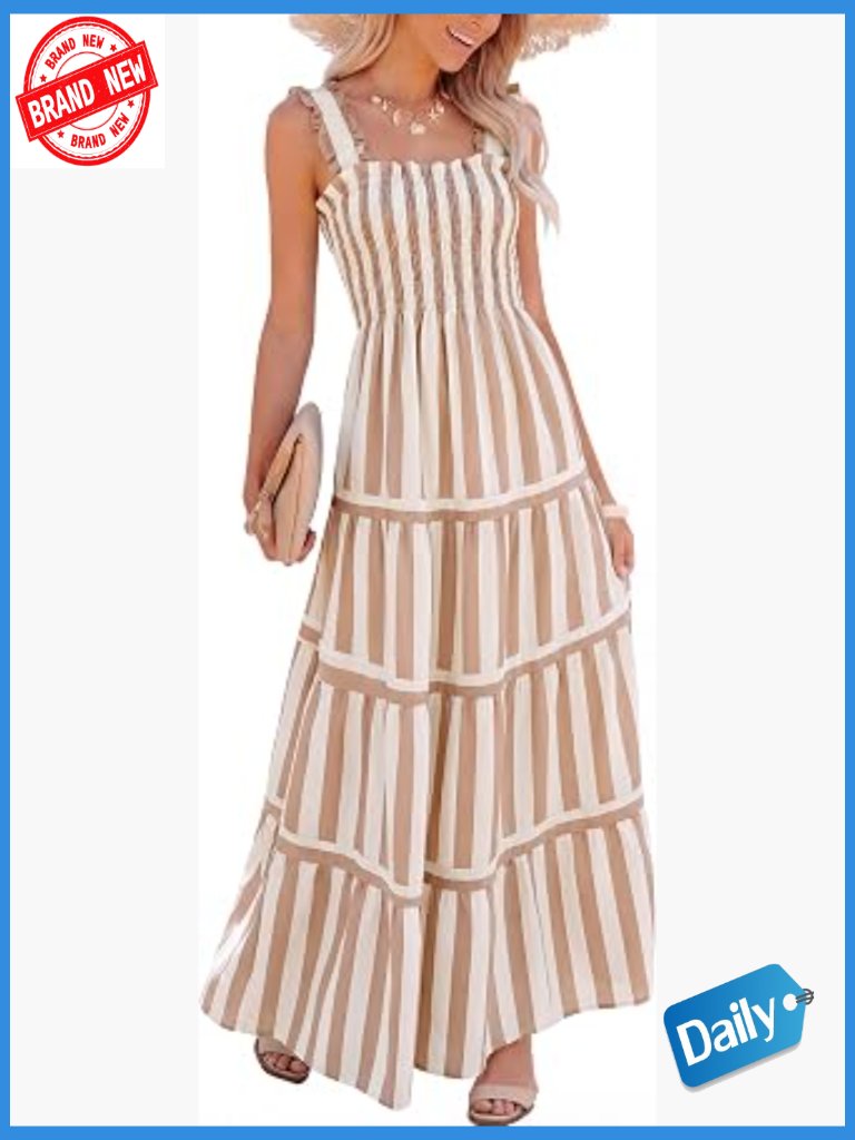 Womens Summer Maxi Dress Floral Smocked Sleeveless Ruffle Boho Casual Flowy